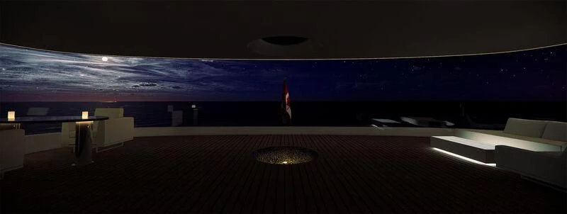 a room with a stage and a stage with lights aboard AZURE III Yacht for Sale