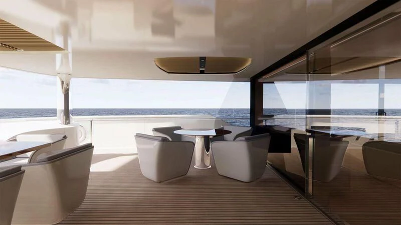 a room with a table and chairs aboard AZURE III Yacht for Sale