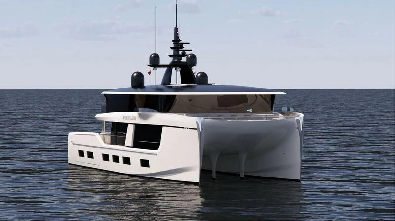 a white boat on the water aboard AZURE III Yacht for Sale