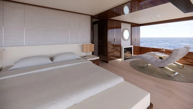 a room with a bed and a large window aboard AZURE III Yacht for Sale