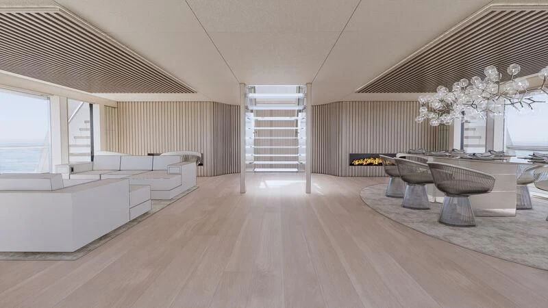 a large living room with a large white couch and a large window aboard AZURE III Yacht for Sale