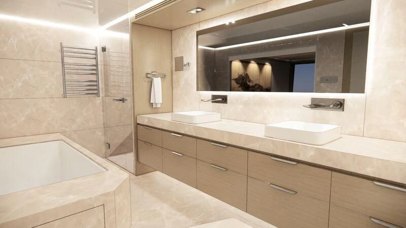 a bathroom with a large mirror aboard AZURE III Yacht for Sale