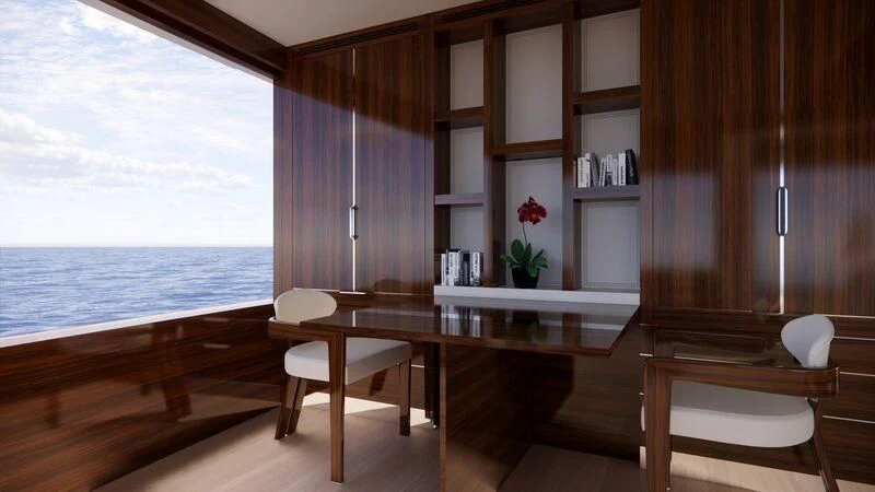 a room with a table chairs and a window aboard AZURE III Yacht for Sale