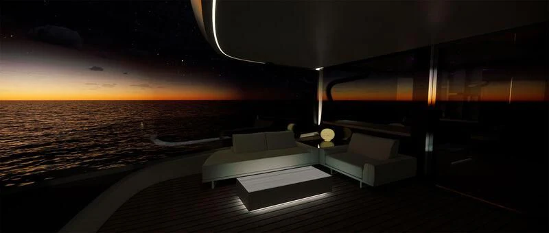 a room with a view of the ocean and a boat aboard AZURE III Yacht for Sale