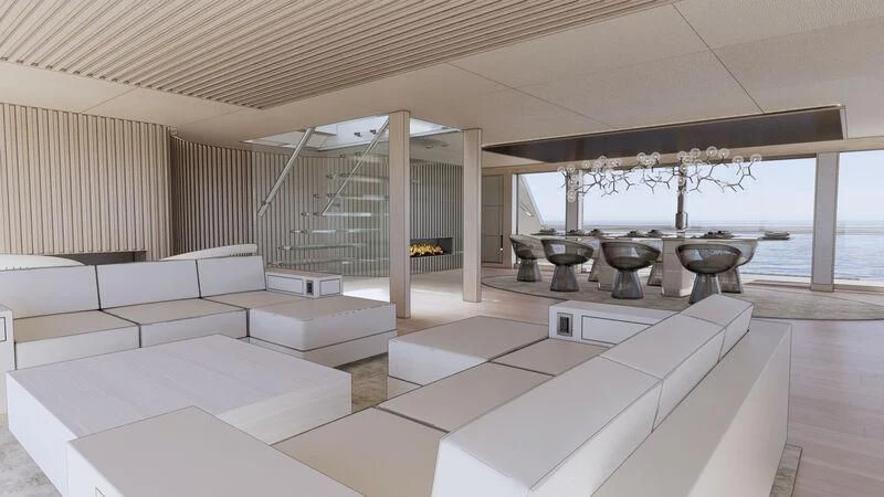 a room with a large white and grey rug and a white couch aboard AZURE III Yacht for Sale
