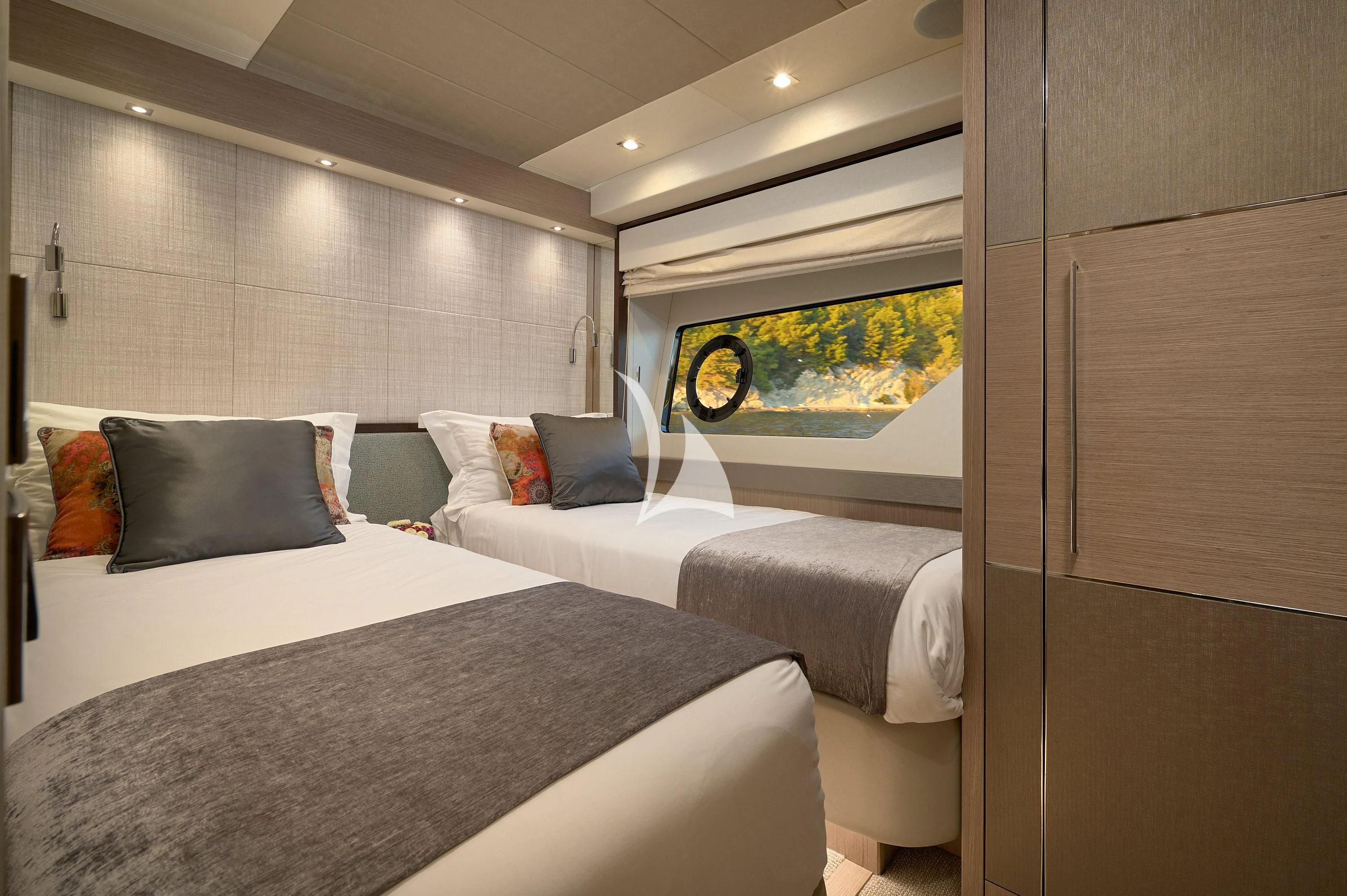 a room with two beds aboard HIDEAWAY Yacht for Charter