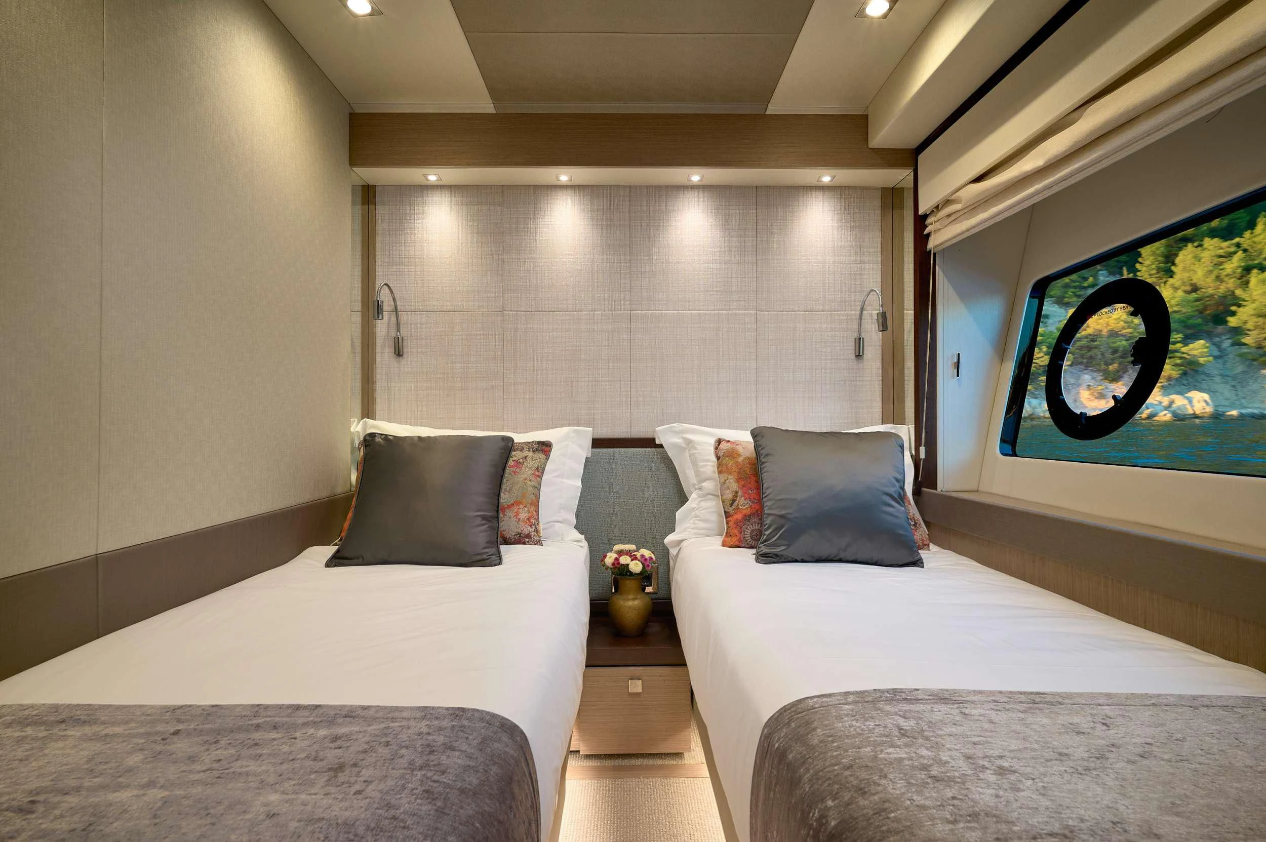 a room with two beds aboard HIDEAWAY Yacht for Charter