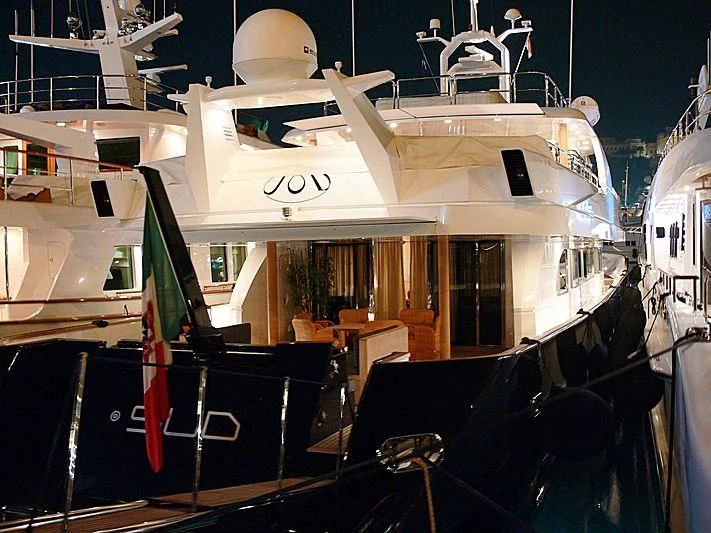 a large white ship docked aboard LADY IN BLUE Yacht for Sale
