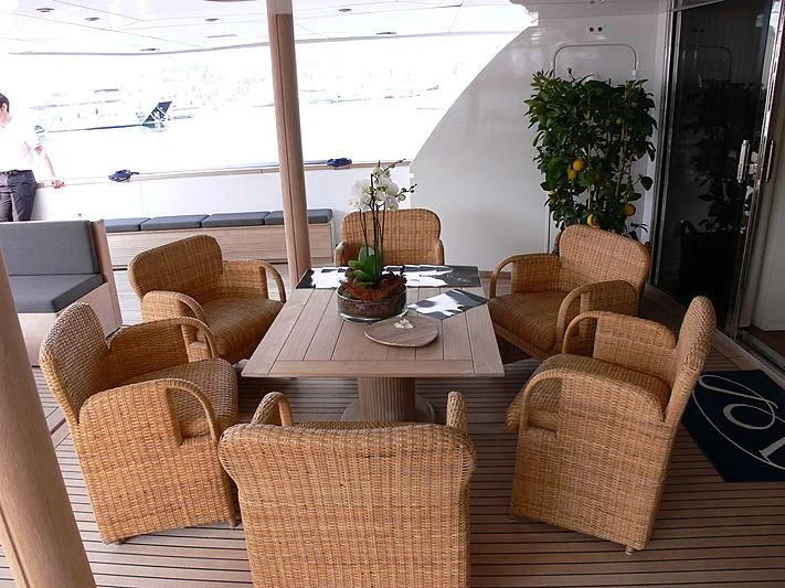 a room with chairs and a table aboard LADY IN BLUE Yacht for Sale