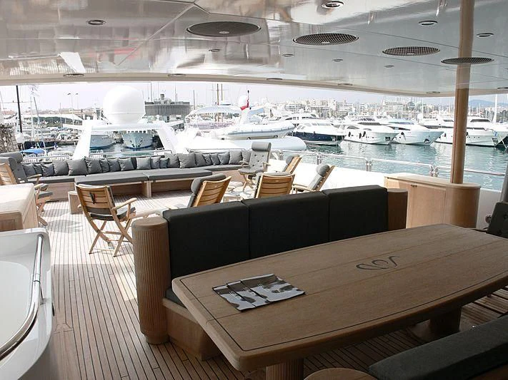 a room with tables and chairs aboard LADY IN BLUE Yacht for Sale