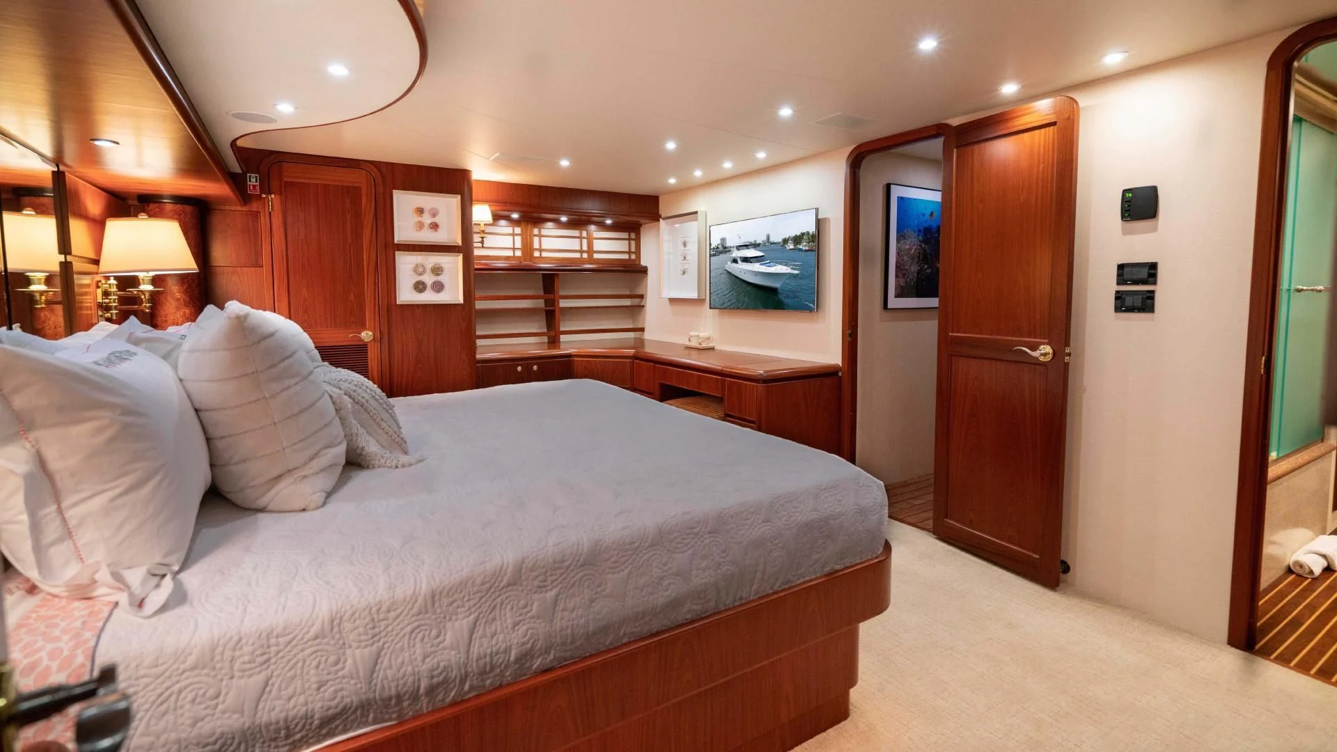 a large bed in a room aboard FAN TAIL Yacht for Sale