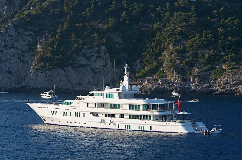 a large white boat in the water aboard SIRAN Yacht for Sale