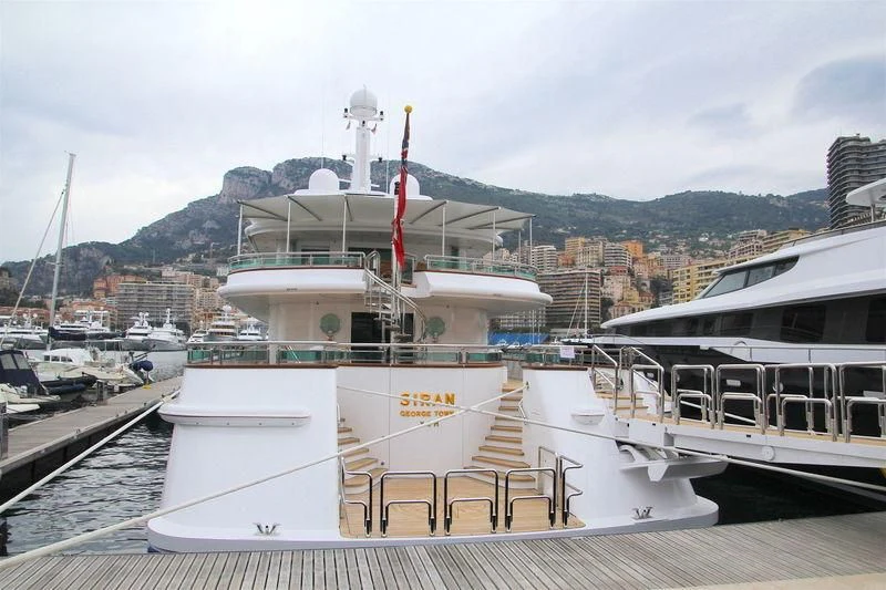 a boat docked at a pier aboard SIRAN Yacht for Sale
