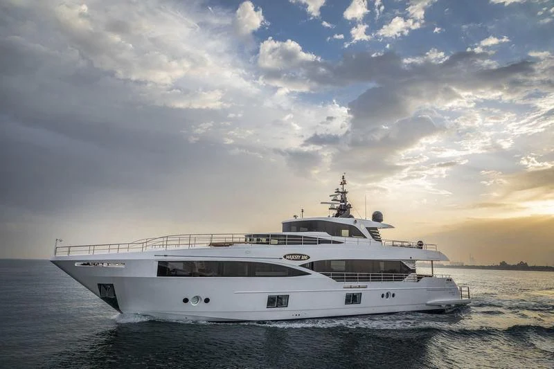 a white yacht on the water aboard NAHAR Yacht for Sale