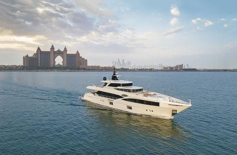 a white yacht in the water aboard NAHAR Yacht for Sale