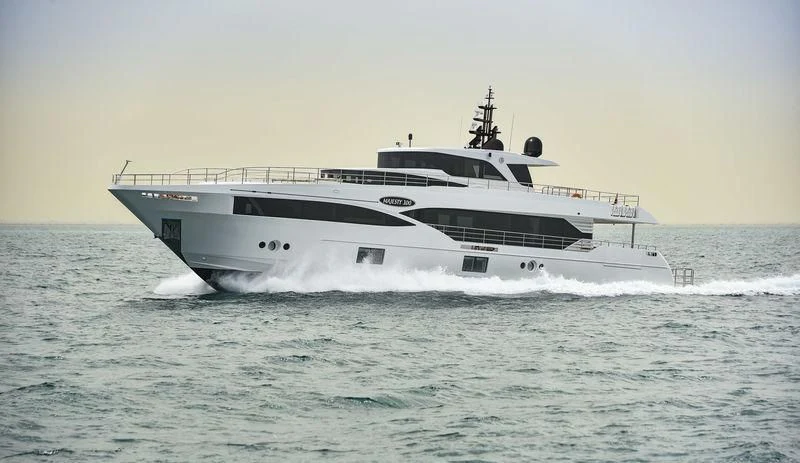 a large white boat in the water aboard NAHAR Yacht for Sale