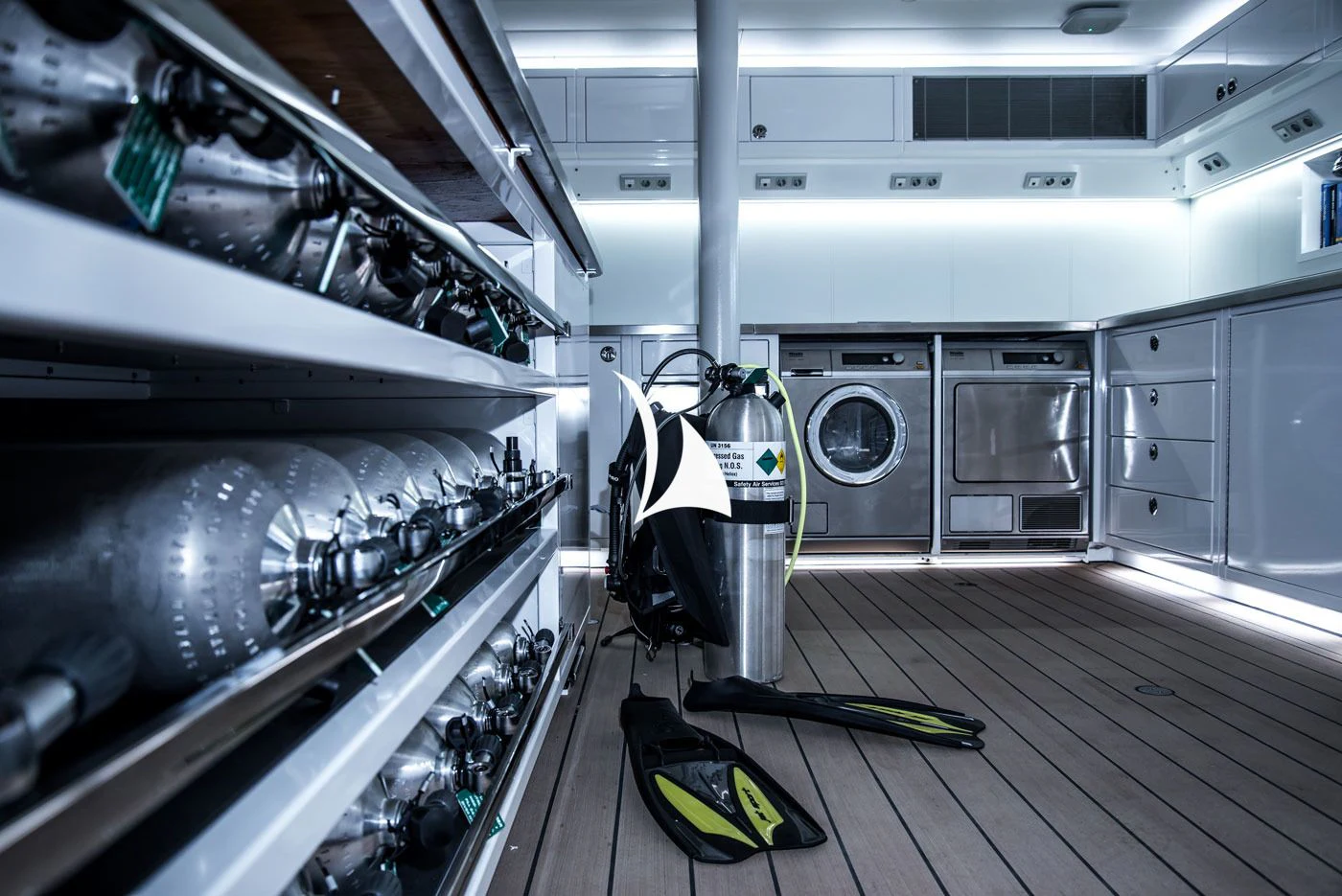 a large industrial machine aboard GAME CHANGER Yacht for Sale