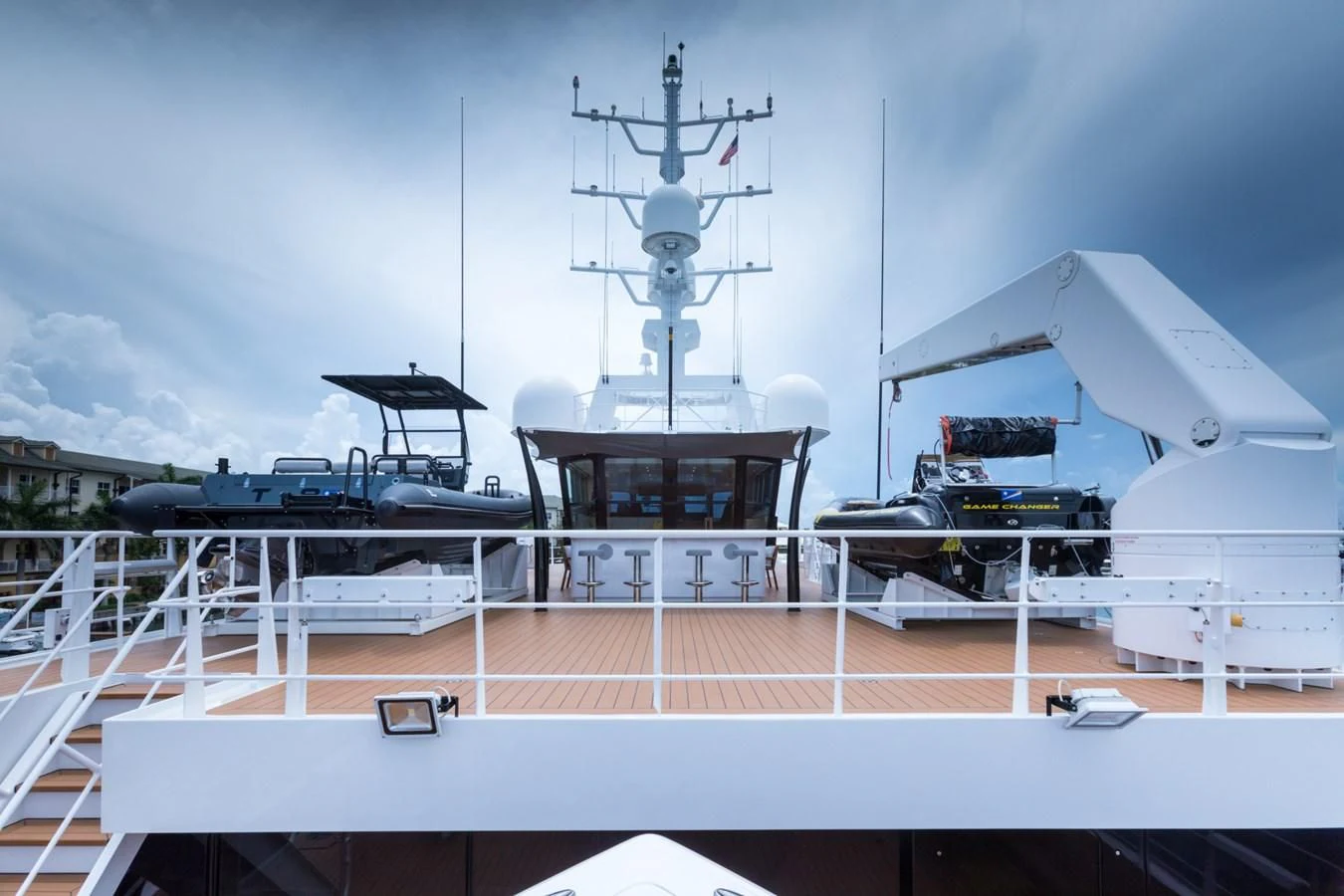 a large white building with tanks on top of it aboard GAME CHANGER Yacht for Sale