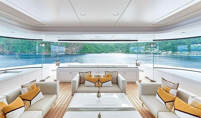 a living room with a large window aboard ARTEFACT Yacht for Sale
