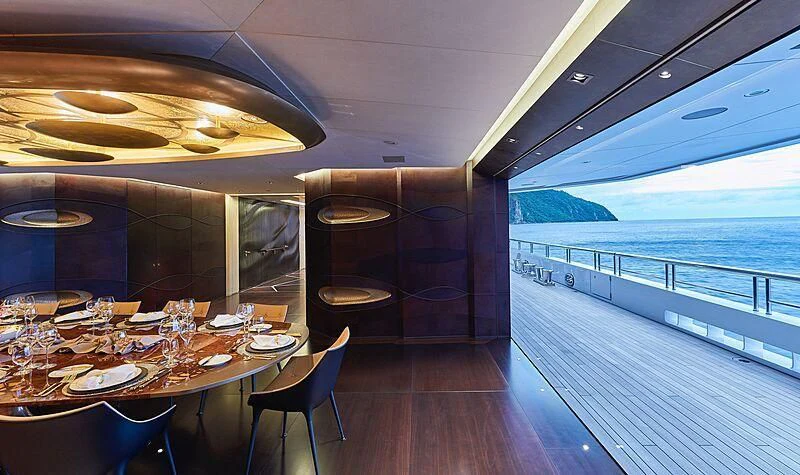 a dining table on a boat aboard ARTEFACT Yacht for Sale