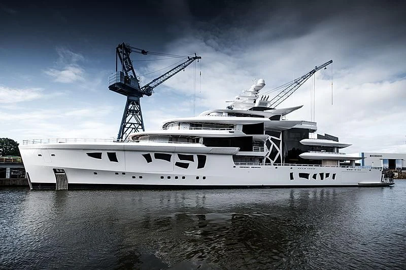 a large white ship with a crane on top of it aboard ARTEFACT Yacht for Sale
