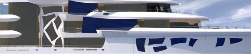 a white building with a blue and white logo aboard ARTEFACT Yacht for Sale