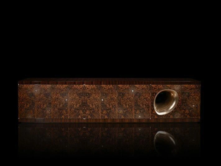 a wooden door with a metal handle aboard ARTEFACT Yacht for Sale