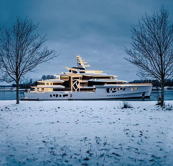 a large white boat in the snow aboard ARTEFACT Yacht for Sale
