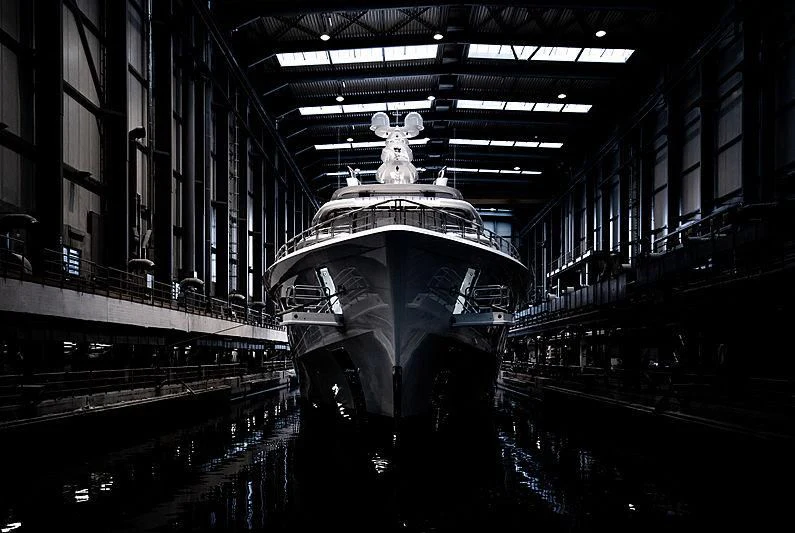 a large ship in a building aboard ARTEFACT Yacht for Sale