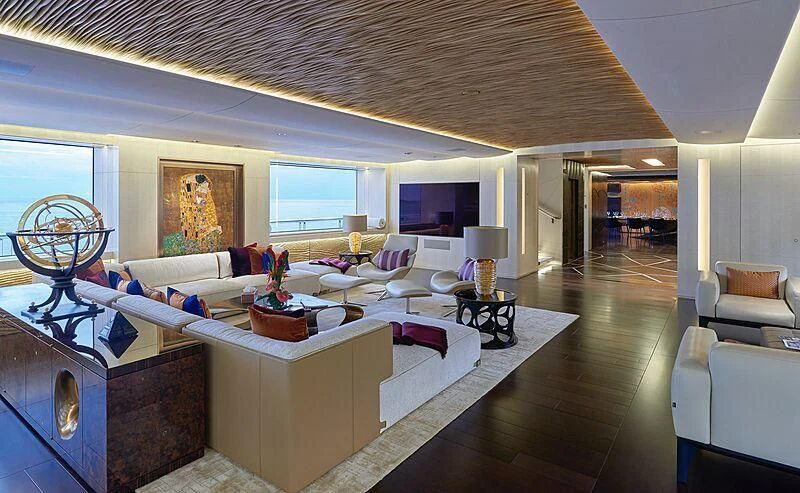 a large living room with a large window aboard ARTEFACT Yacht for Sale