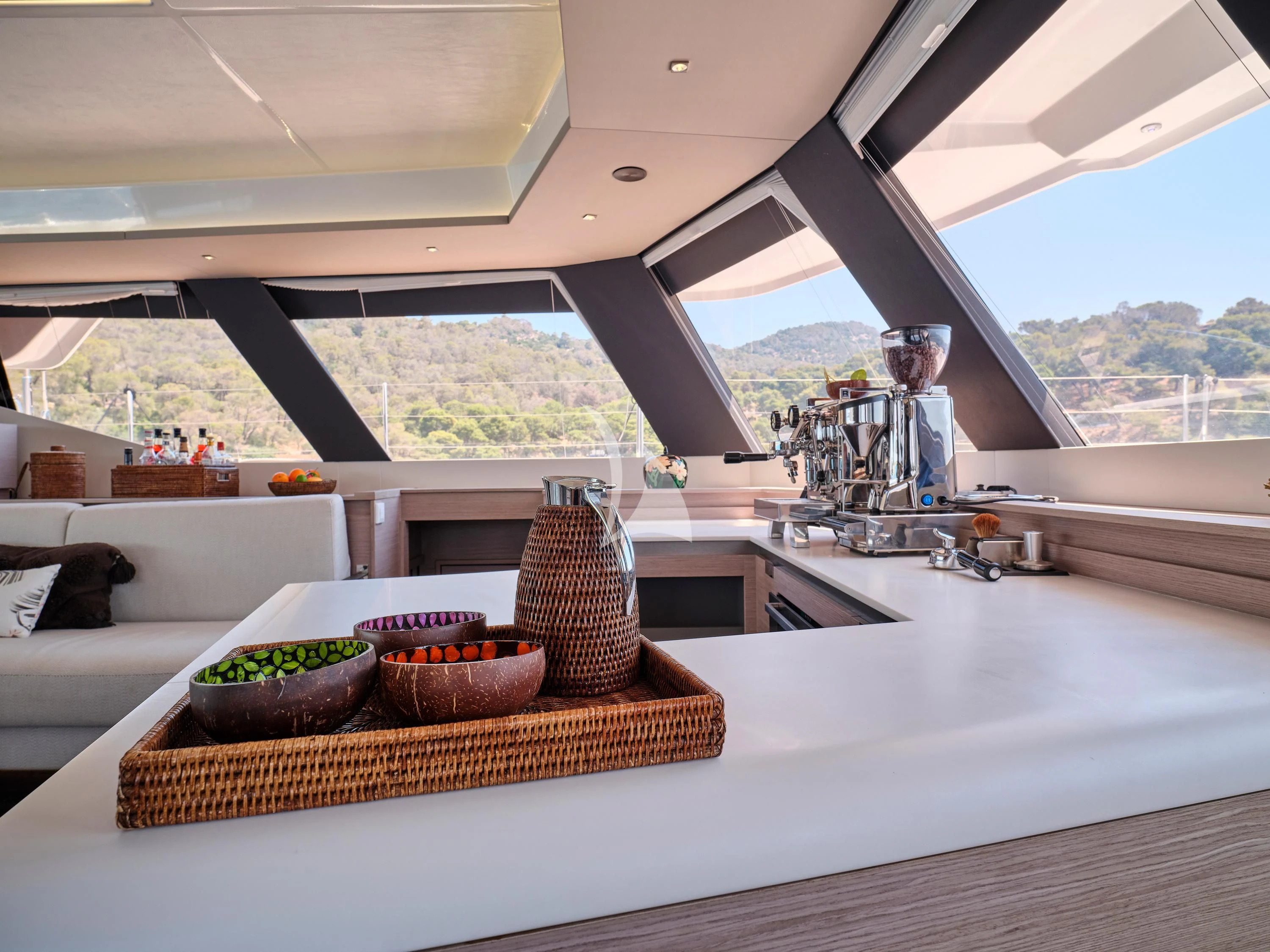 a room with a large window aboard KIMATA Yacht for Charter
