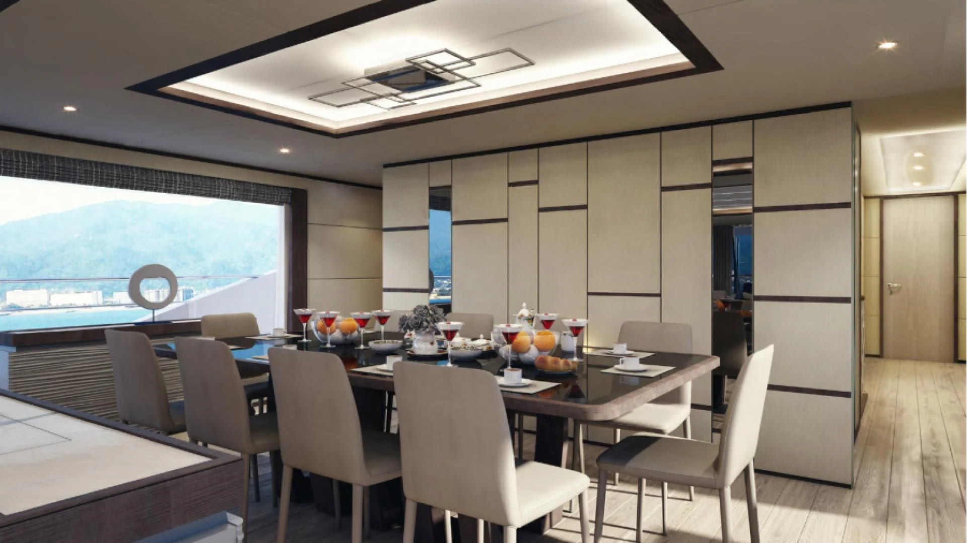 a conference room with tables and chairs aboard KRISHH Yacht for Sale