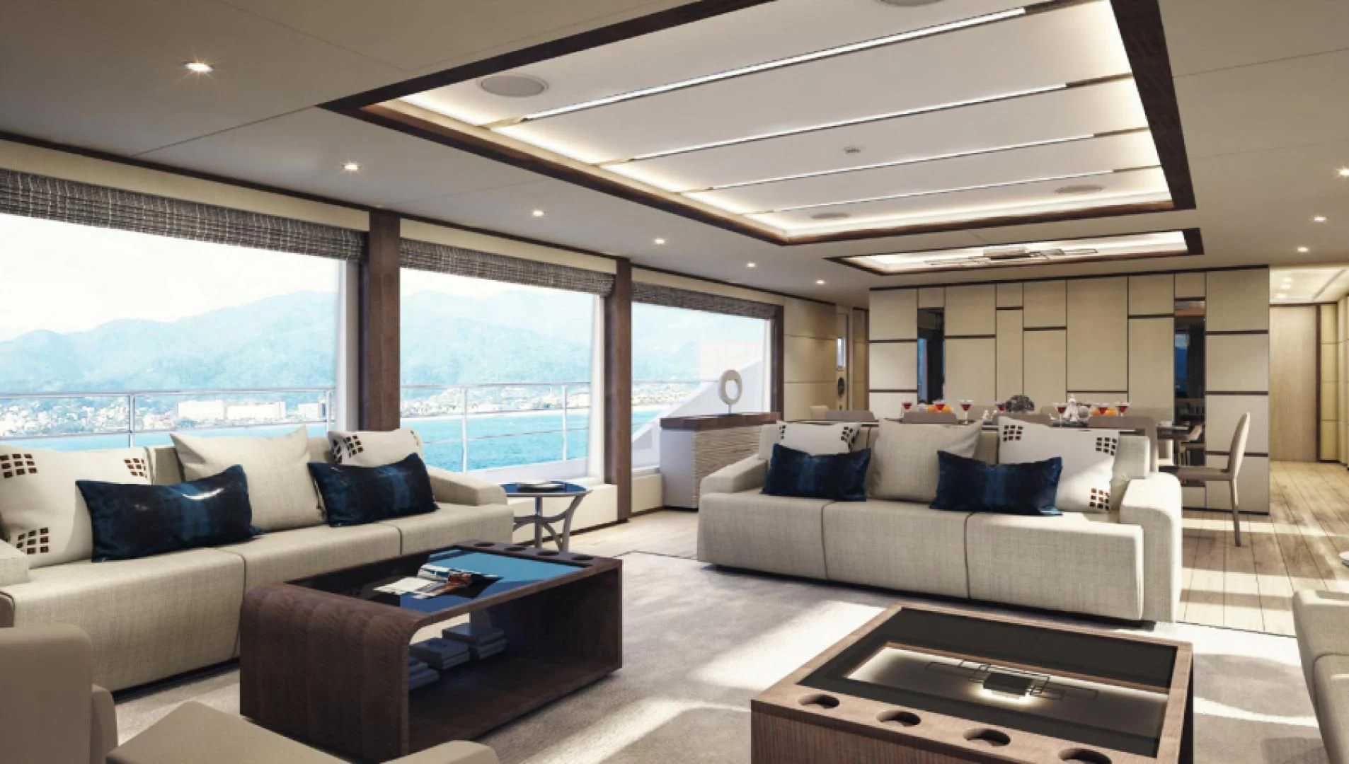 a living room with a large window aboard KRISHH Yacht for Sale