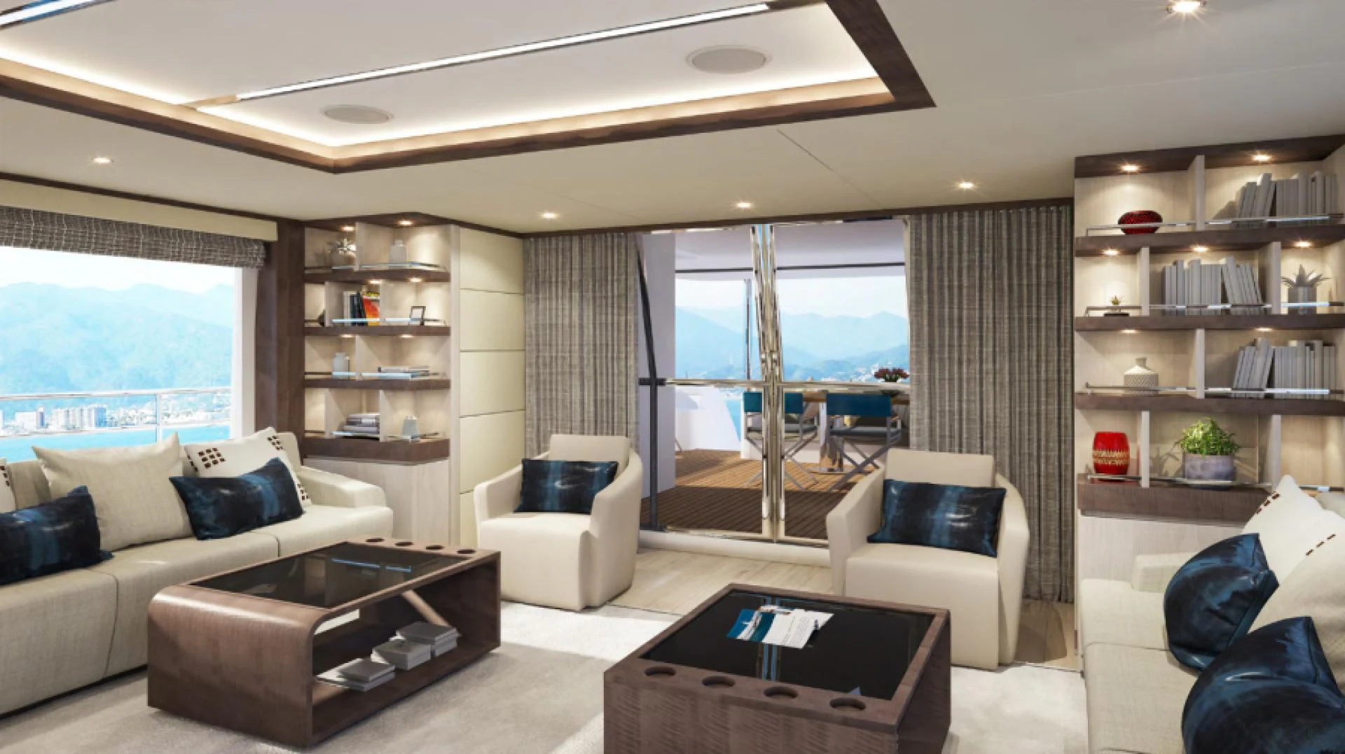 a living room with a large window aboard KRISHH Yacht for Sale