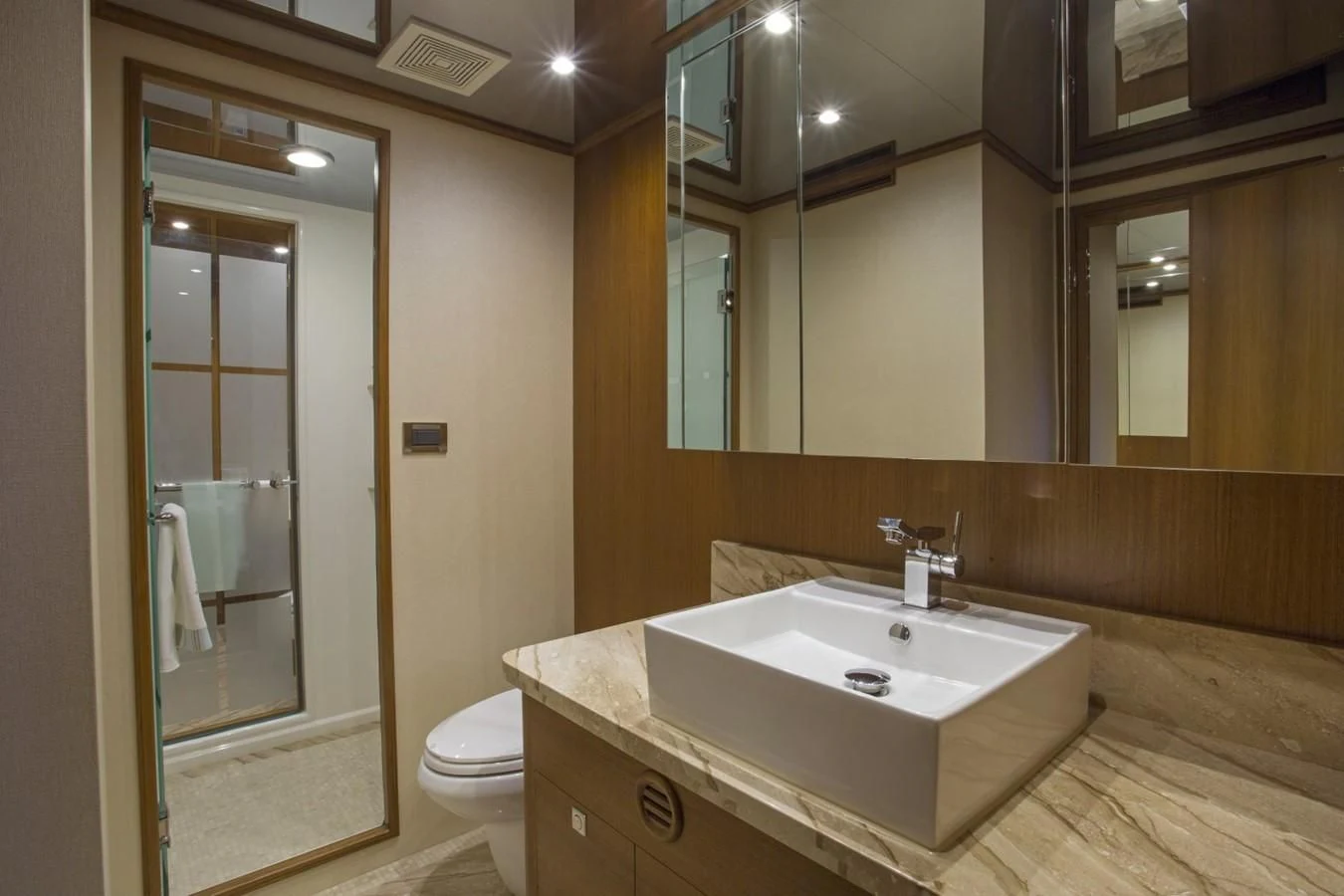 a bathroom with a sink and a shower unit aboard 860 DBMY Yacht for Sale