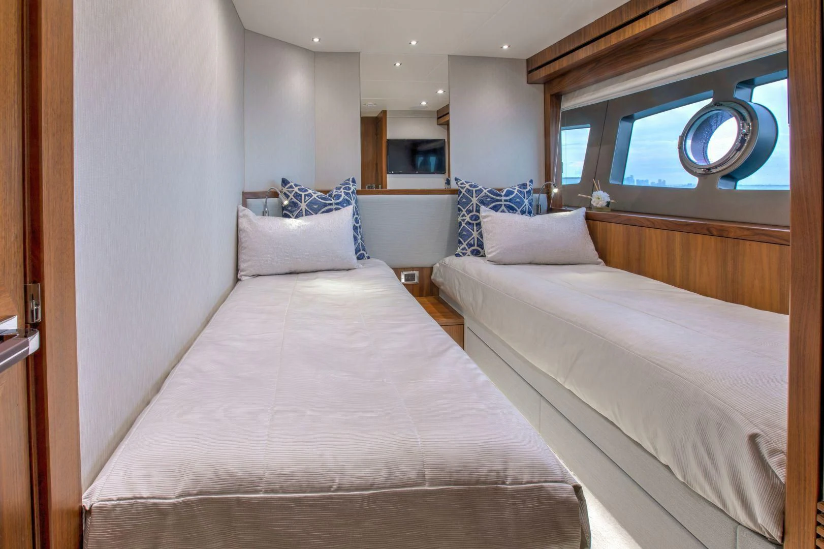 a room with two beds aboard JUST ONE MORE Yacht for Sale