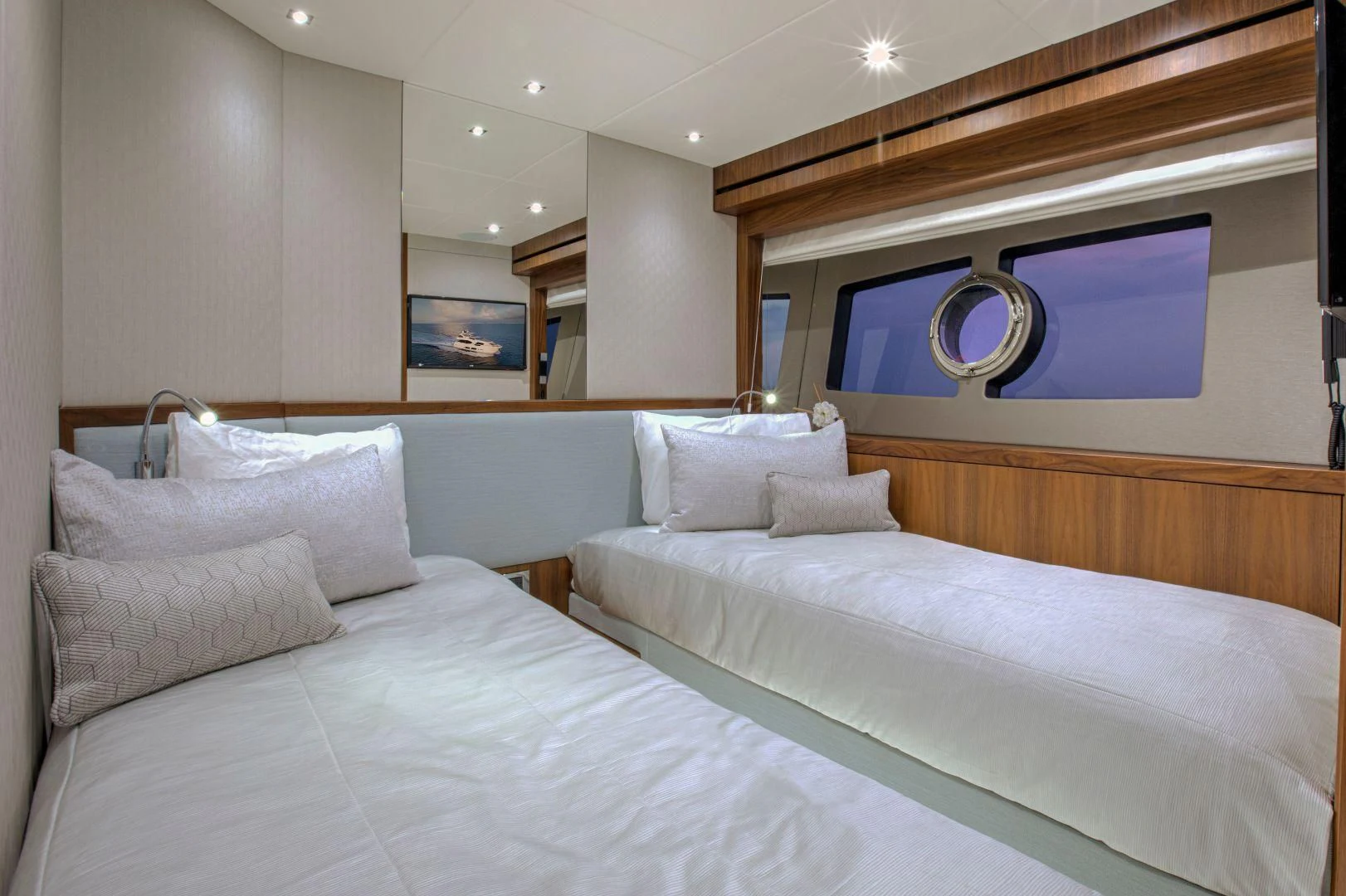 a room with two beds aboard JUST ONE MORE Yacht for Sale