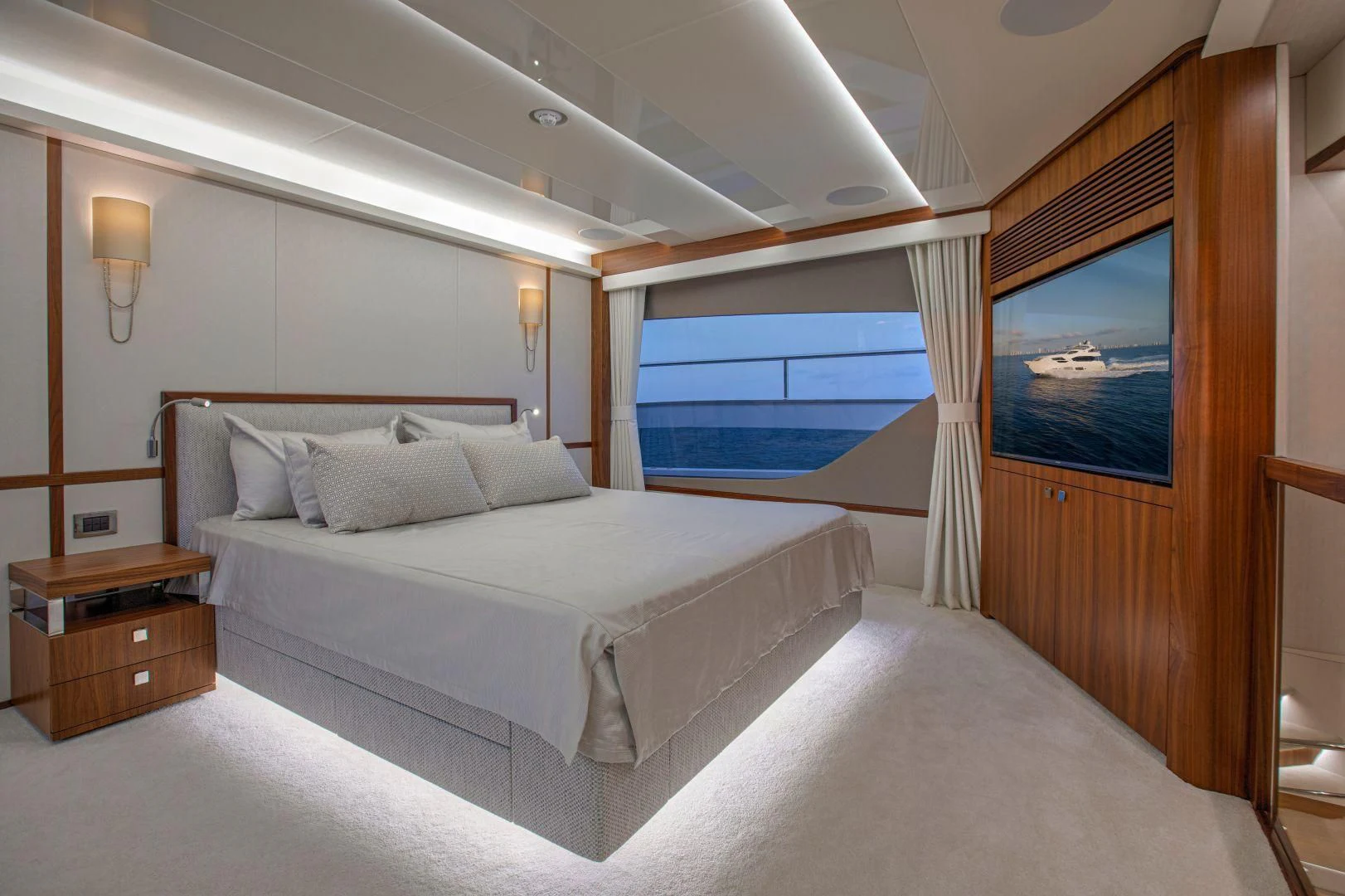 a bed in a room aboard JUST ONE MORE Yacht for Sale