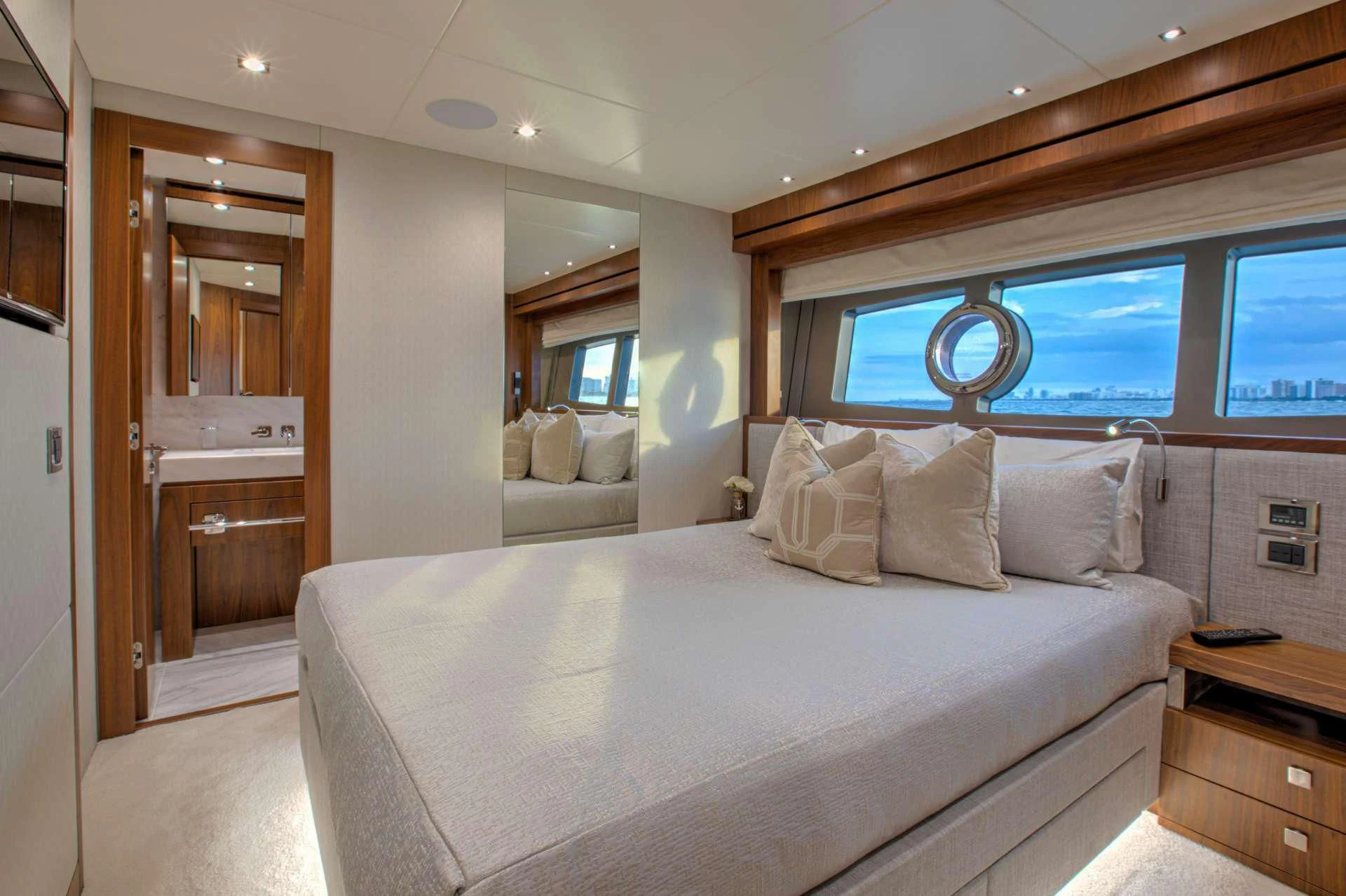 a large bed in a room aboard JUST ONE MORE Yacht for Sale