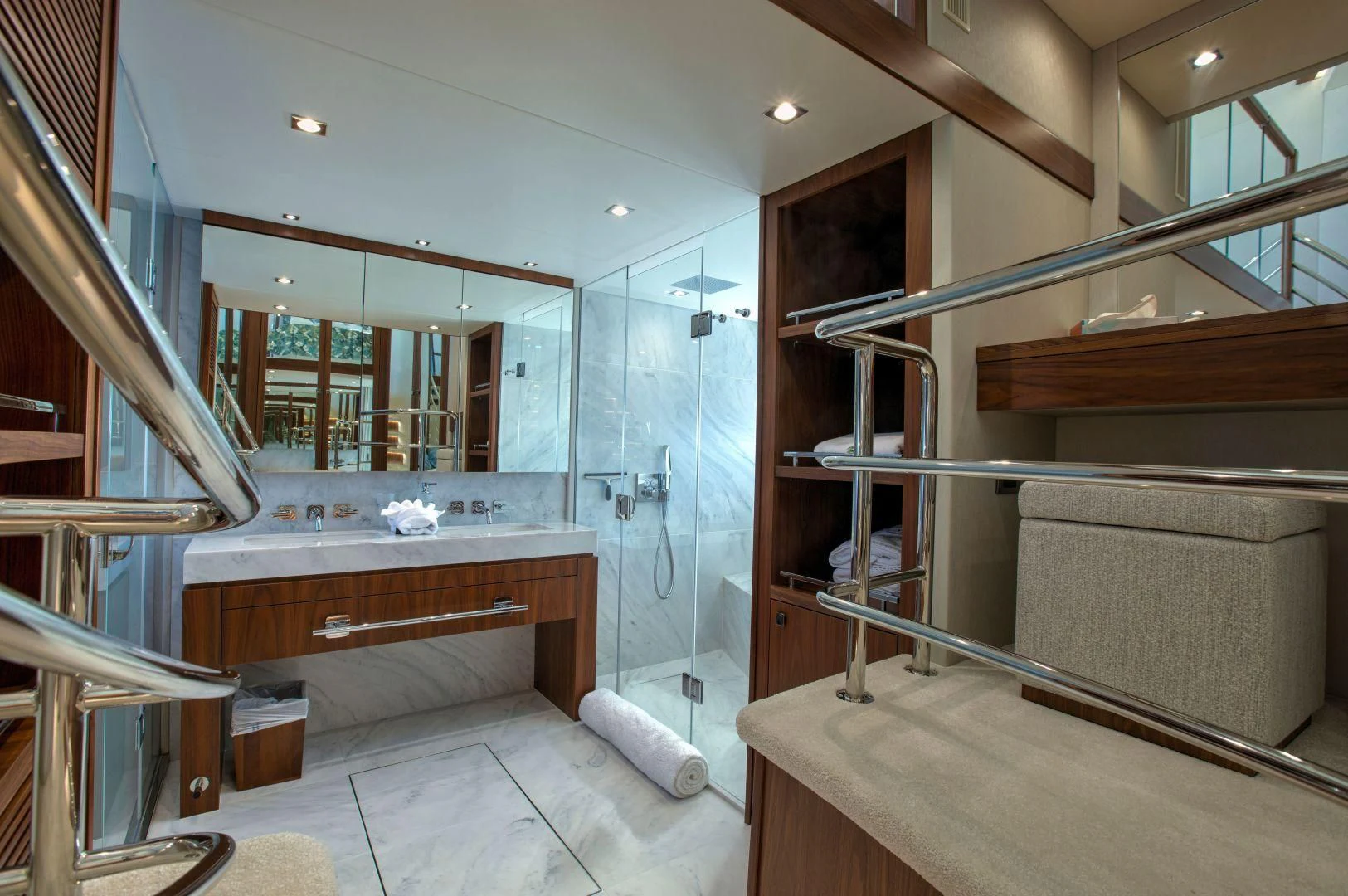 a bathroom with a large mirror aboard JUST ONE MORE Yacht for Sale