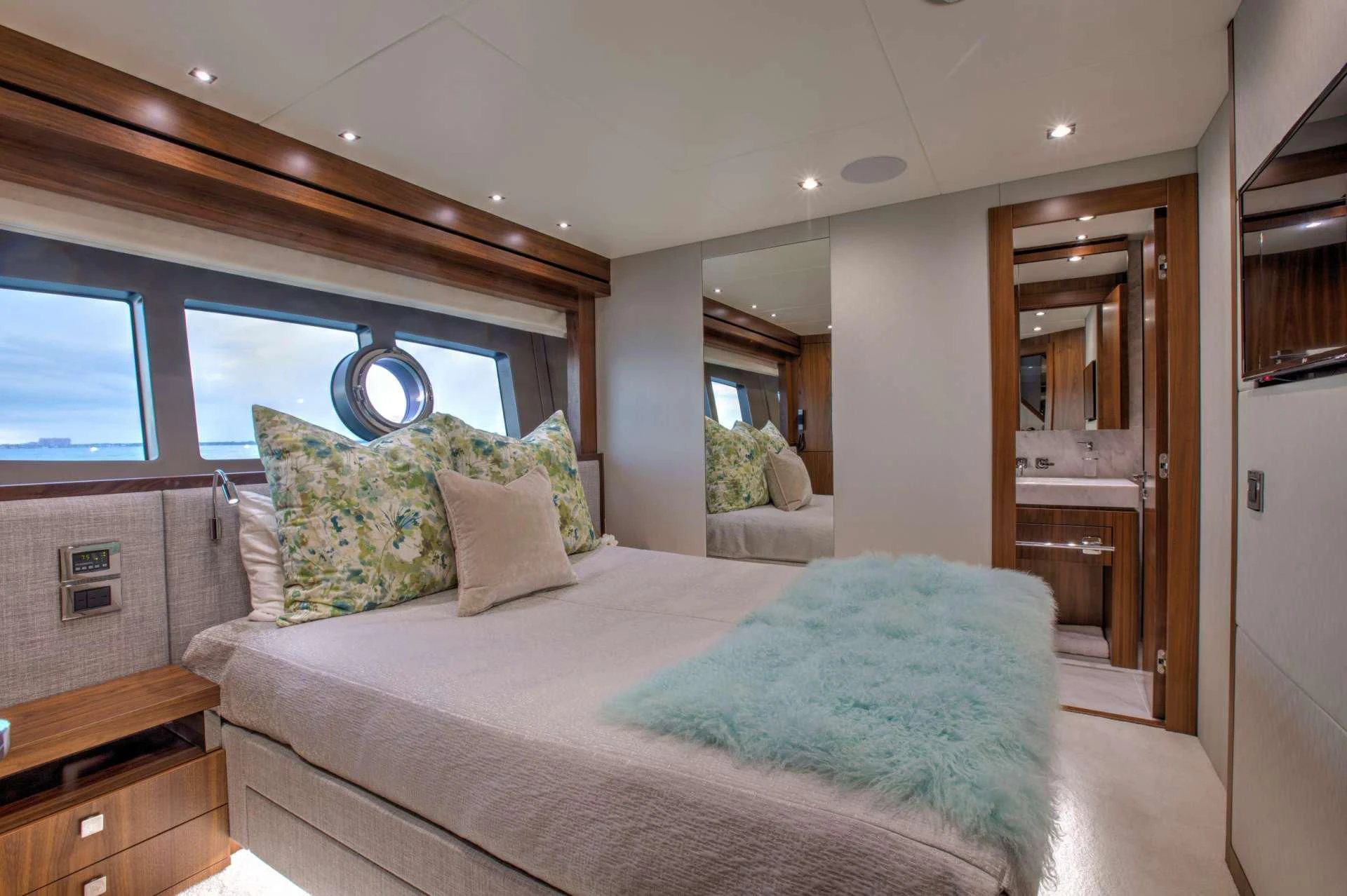 a bed in a room aboard JUST ONE MORE Yacht for Sale