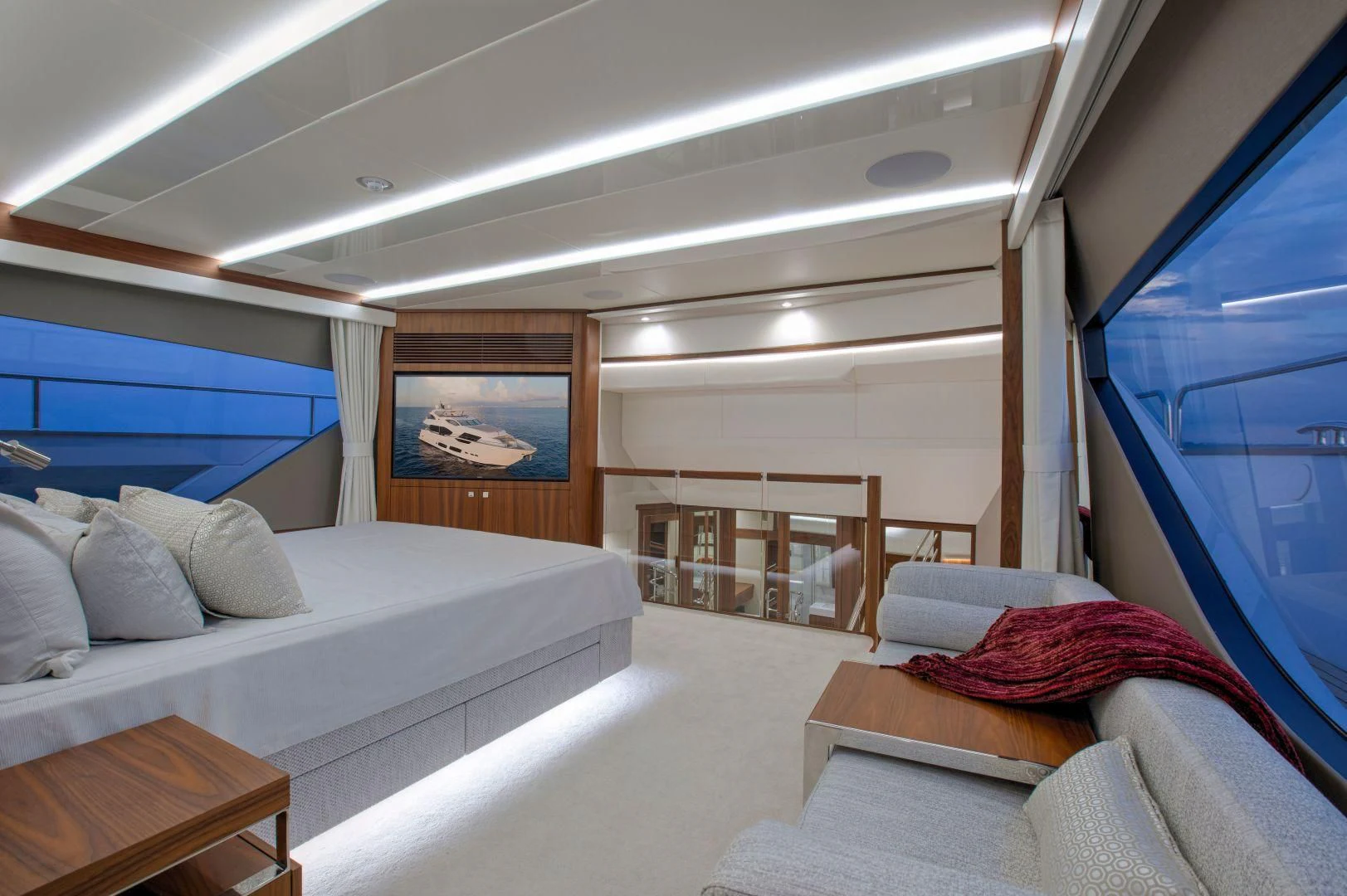 a room with a bed and a window aboard JUST ONE MORE Yacht for Sale