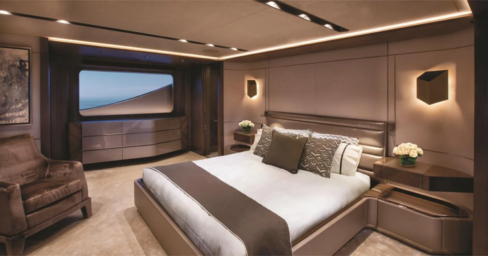 a room with a bed and a tv aboard SERENITY Yacht for Sale