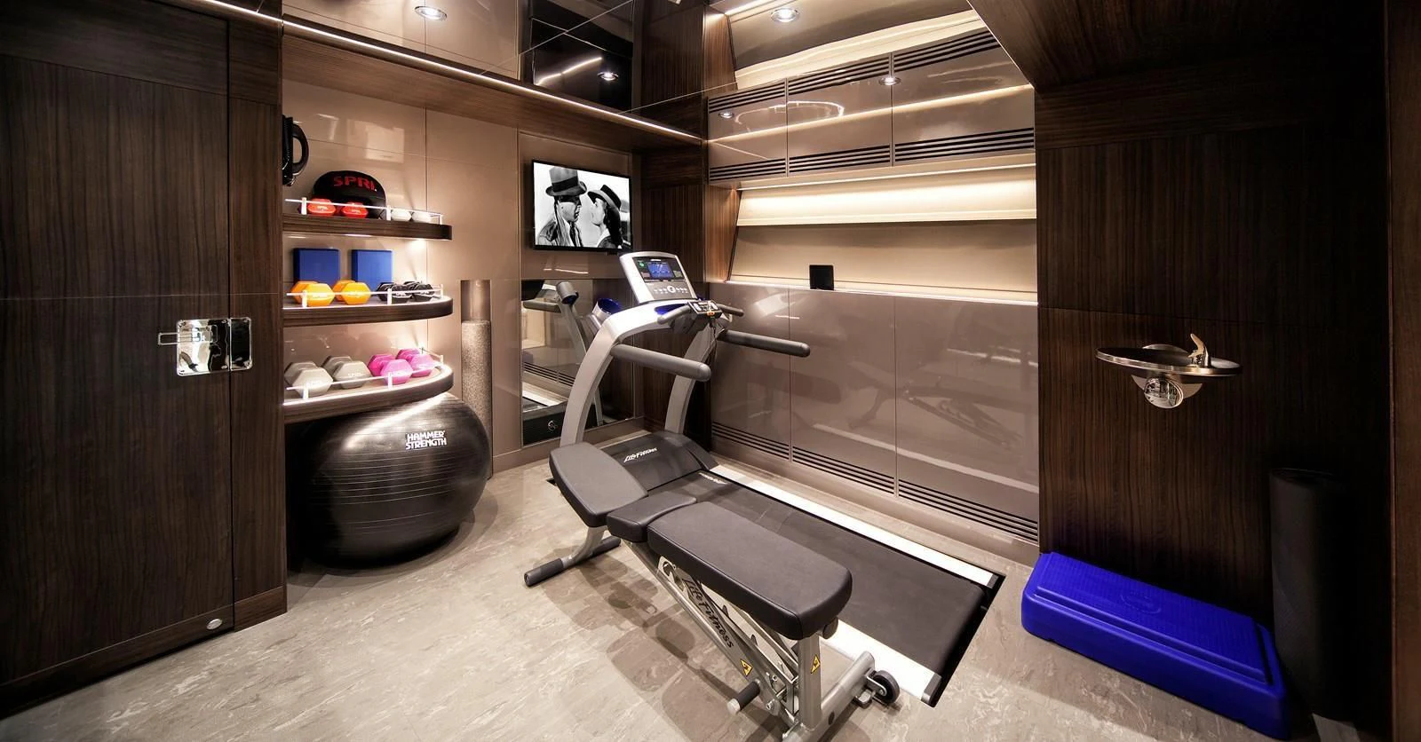 a gym with exercise equipment aboard SERENITY Yacht for Sale