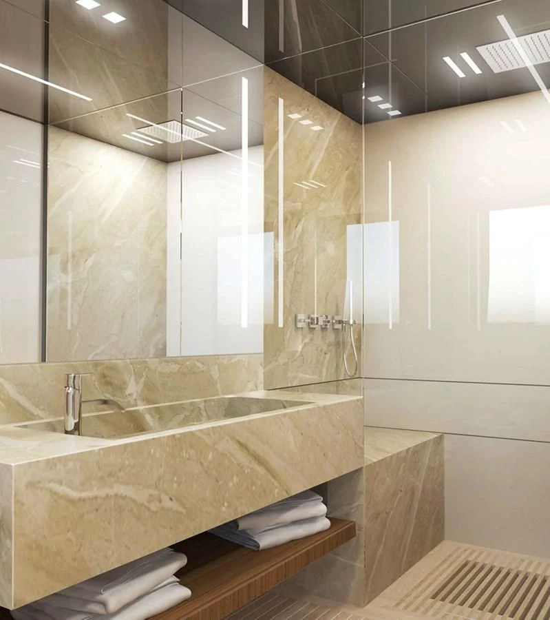 a bathroom with a large mirror aboard LEGACY 45 Yacht for Sale