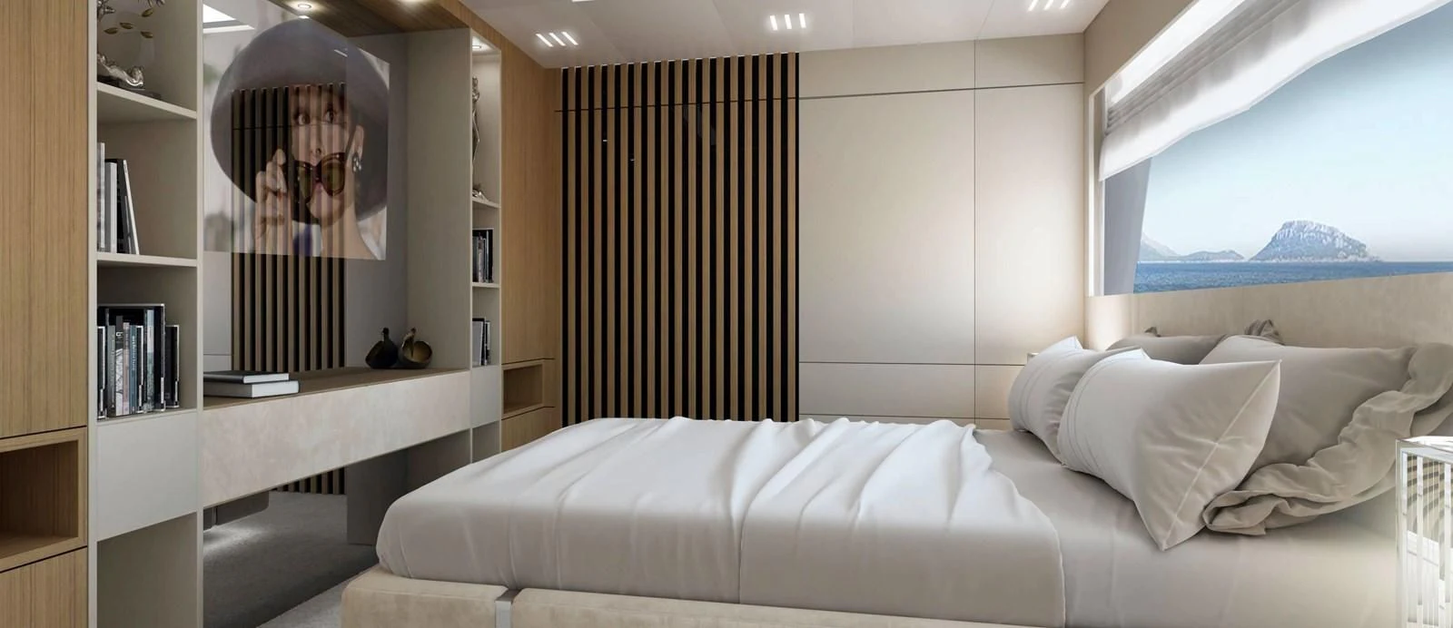 a bed with a white bed spread aboard LEGACY 45 Yacht for Sale
