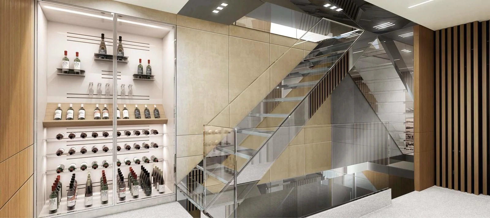 a wine rack with bottles and glasses aboard LEGACY 45 Yacht for Sale