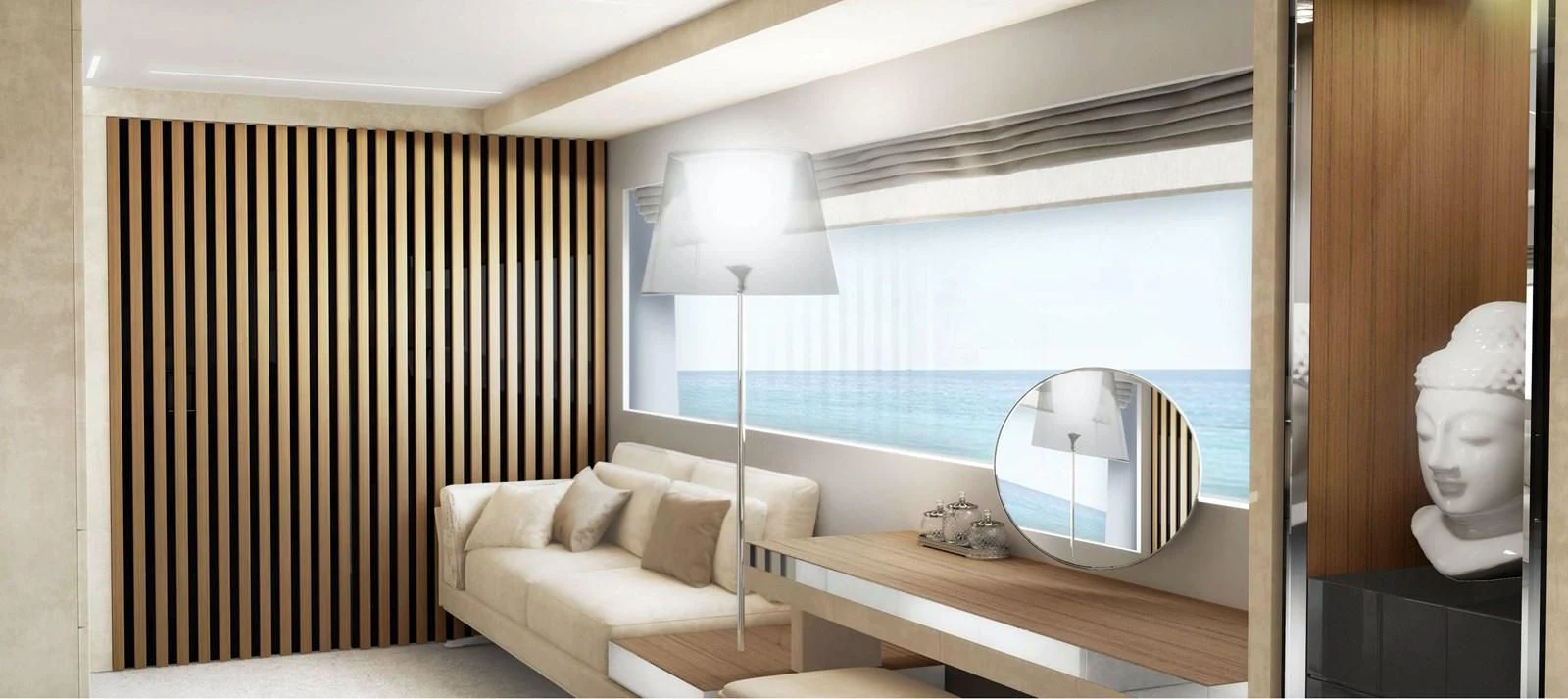 a room with a bed and a mirror aboard LEGACY 45 Yacht for Sale