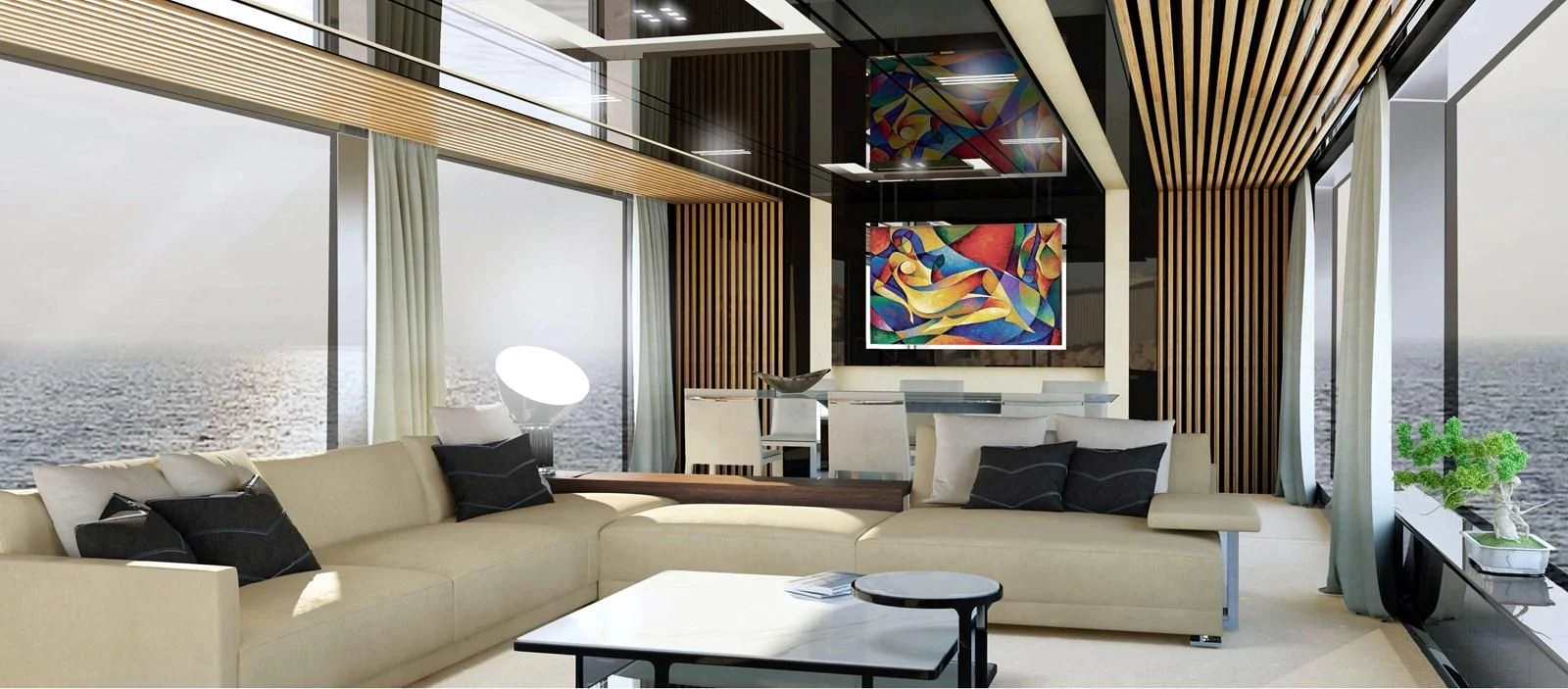 a living room with a large screen aboard LEGACY 45 Yacht for Sale