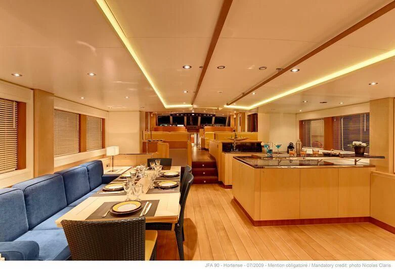 a large kitchen with a large island aboard HORTENSE Yacht for Sale